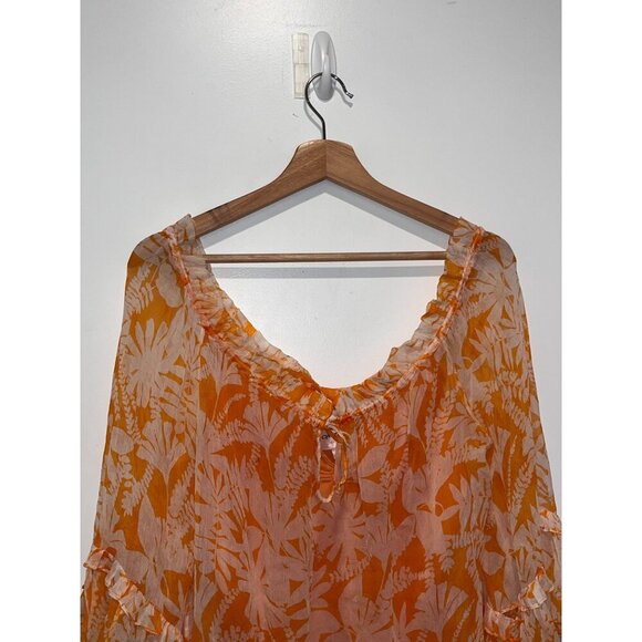 Milly Orange Floral Sheer Ruffle Pullover Tie Neckline Women's Blouse Size 6 - Picture 2 of 9